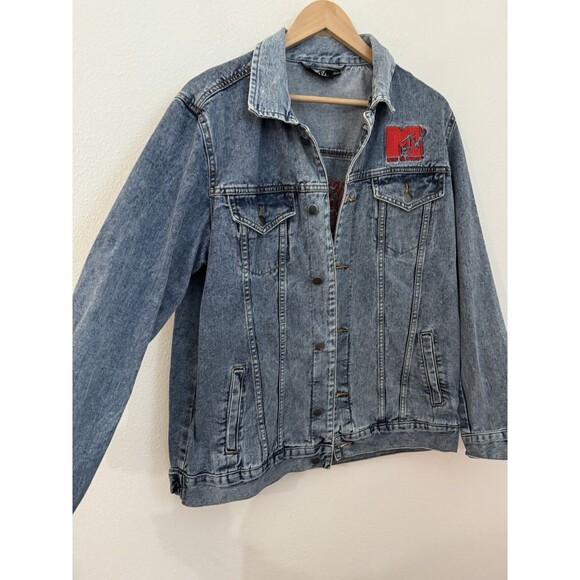 Vintage 90s MTV Denim Jacket Men's Medium Light Blue Embroidered Rock 6389 - Picture 2 of 8